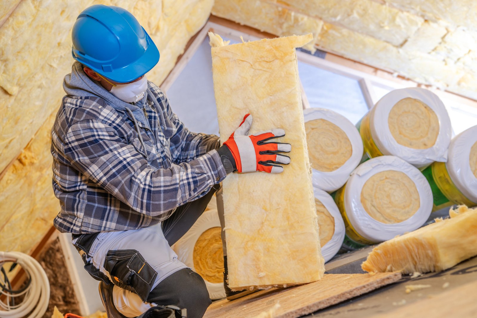 worker installing mineral wool insulation in a residential attic for energy efficiency